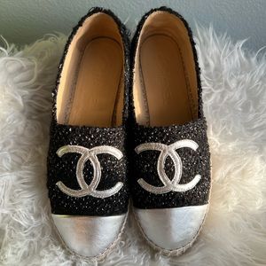 SOLD Chanel Tweed Silver Lambskin Espadrilles